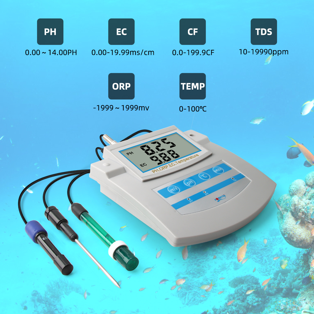 Rcyago 6 trong 1 giám sát chất lượng nước Ph Orp TDS EC CF nhiệt độ benchtop đồng hồ kiểm tra cho hồ bơi, hồ cá, phòng thí nghiệm