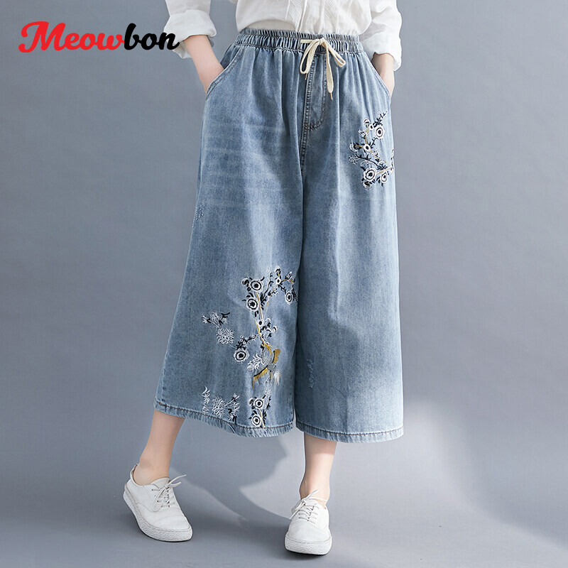 Mùa Hè 7 Điểm Chiều Dài thêu hoa Denim quần lửng quần legging rộng quần jean cắt gấu Cho Phụ Nữ M L XL 2XL 3XL 4XL