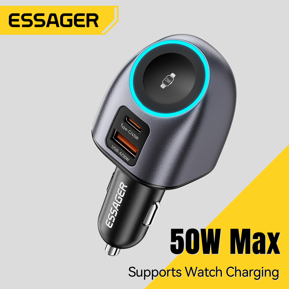 Essager 50W 2-in-1 C+A Car Charger With Watch Charging PD3.0/QC4.0 Apple Watch 5W Fast Charging USB-A+Type-C Quick Charge Type C Car Chargers For iPad iPhone17 16 15 Huawei Samsung Xiaomi Switch Tablet iWatch Pickups Trucks SUVs Giá 464,285 Đồng*Miễn phí vận chuyển