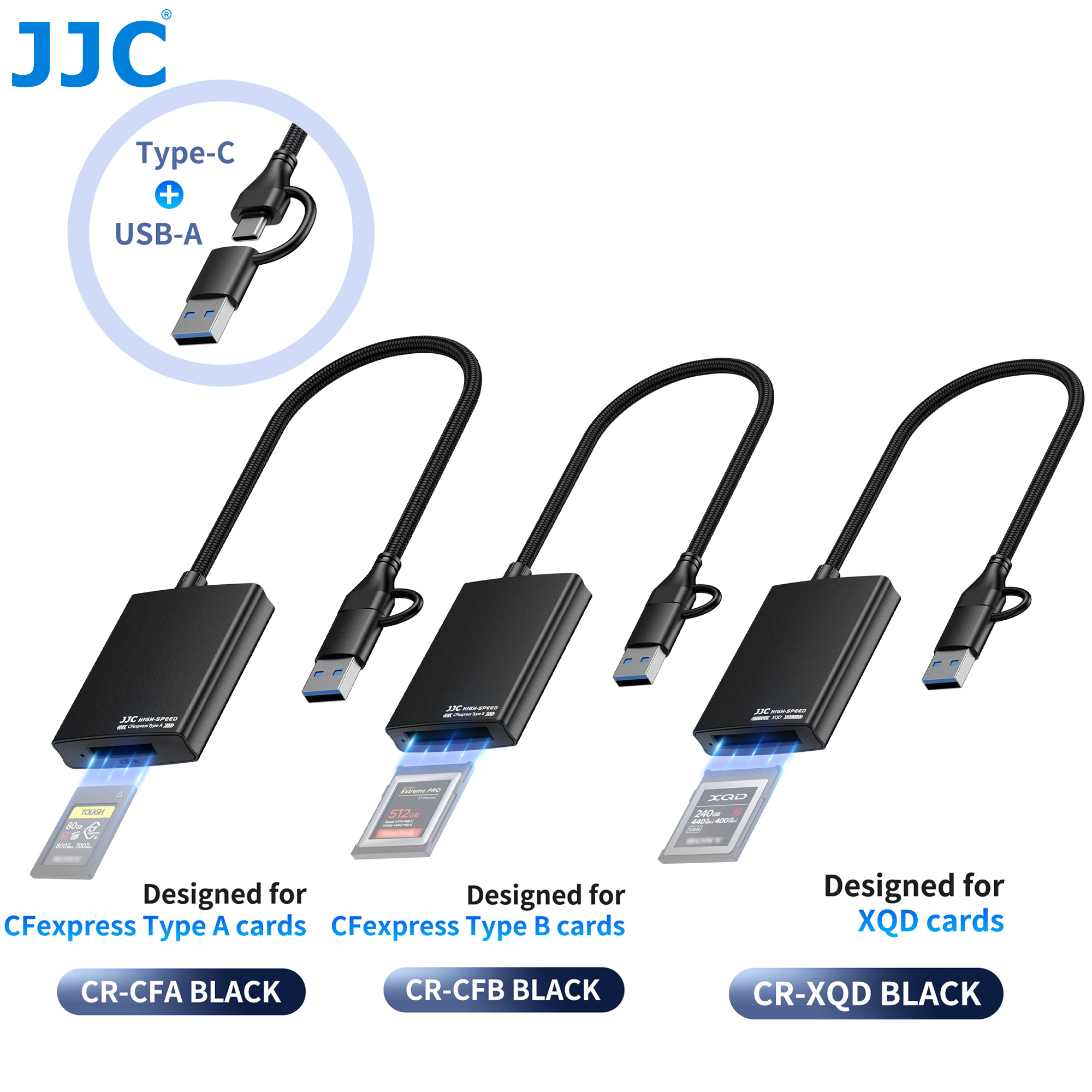 Jjc cfexpress Loại B loại một XQD Đầu đọc thẻ usb3.2 Gen2 10Gbps Bộ nhớ Bộ chuyển đổi thẻ USB-A và Type-C phích cắm kép Tương thích với Android Windows XP Vista 7 8 8.1 10 11 Mac OS Hệ thống IOS Apple iPhone 15 Series