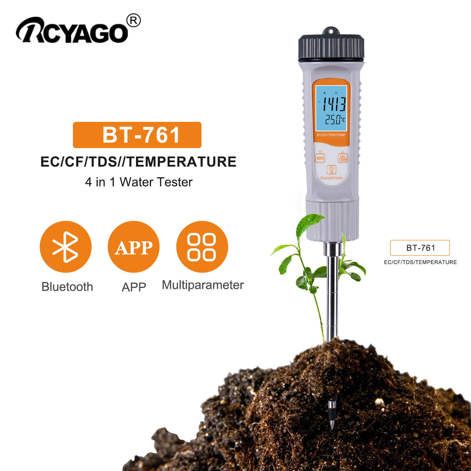 Rcyago Bluetooth và ứng dụng 4 trong một Ec/Tds/CF/Temp máy đo đất EC Giá trị độ mặn Detector Độ rọi đo độ ẩm nội dung độ mặn Tester