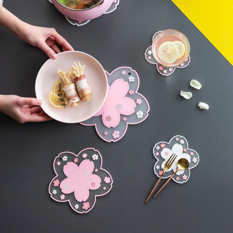 Gambar GW Cherry Blossom Heat Insulation Pad Dining Table Mat Anti skid Cup pads Non slip Coaster Kitchen Accessories Coasters Table Mat
