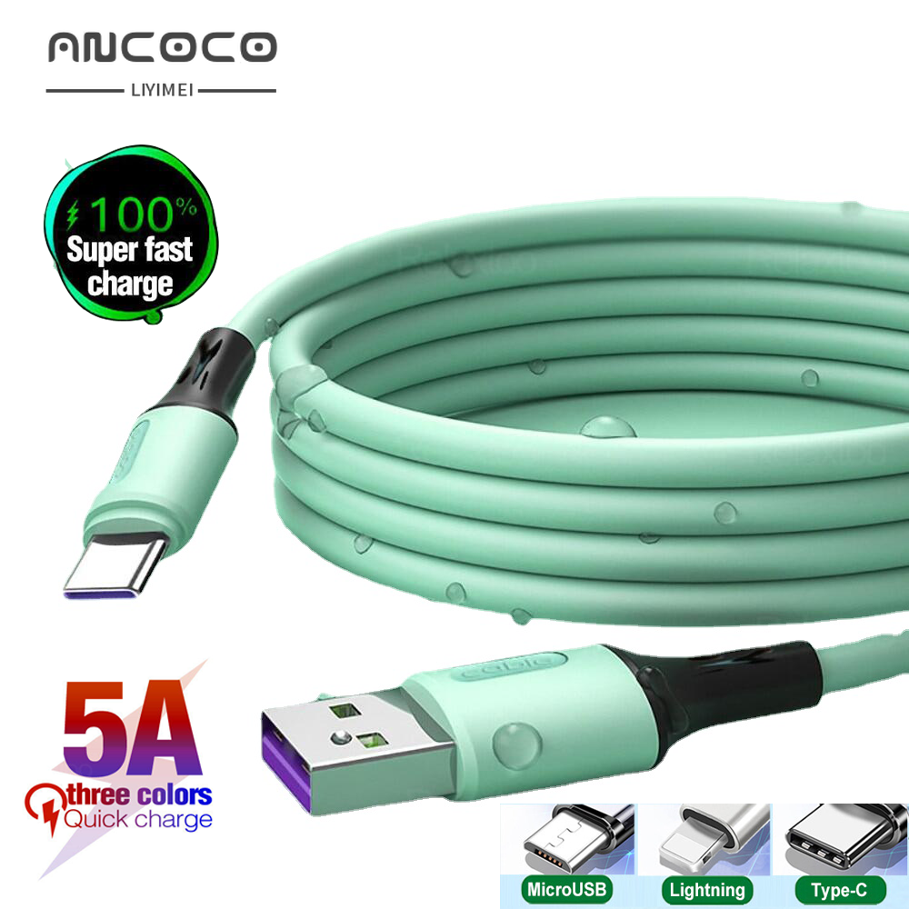 Cáp sạc nhanh 5A Liquid Silicone truyền dữ liệu đồng bộ hóa Loại C Micro USB Lightning cho iPhone điện thoại Android Bộ sạc USB bền bỉ sạc nhanh Dây sạc xe hơi 1.2m/1.8m