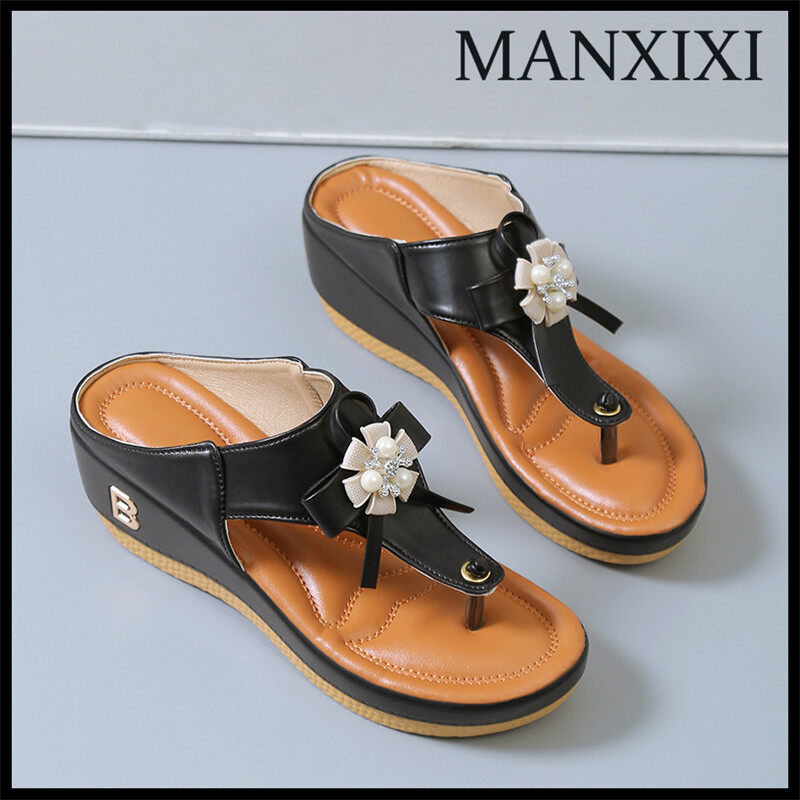 MANXIXI Fashion Women Beautiful Pearls Bow Clip Toe Flat Sandals (Size 35-43) ราคา 348 บาท*ส่งฟรี