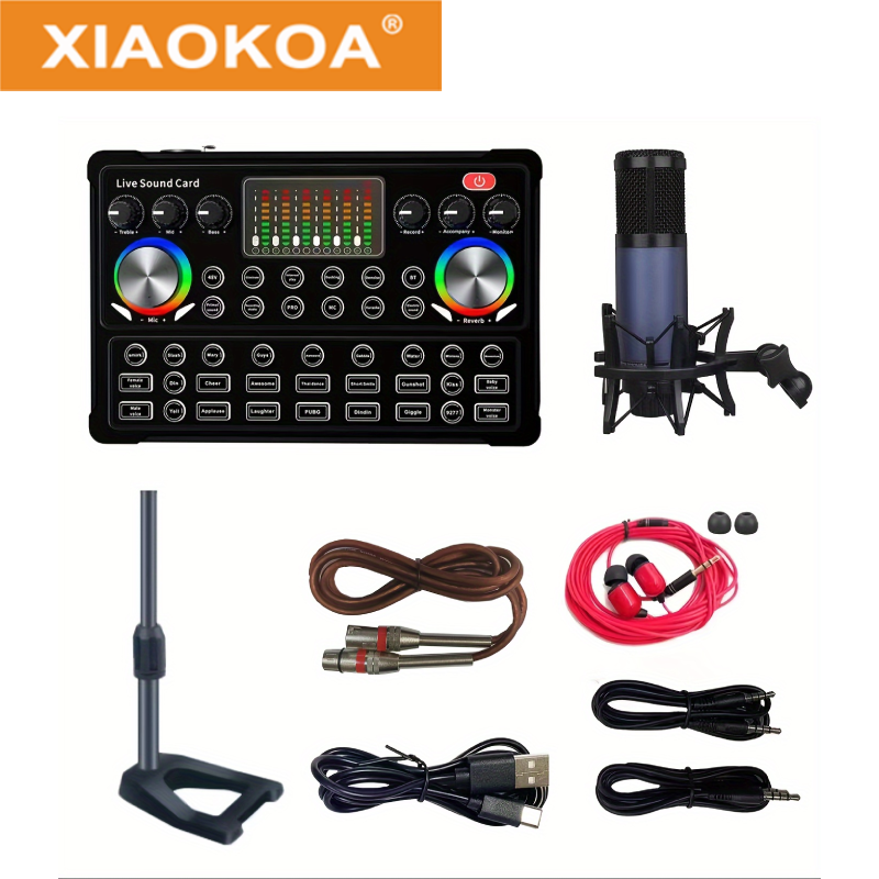 XIAOKOA Professional Microphone Sound Card Set, Condenser Mic With Stand And Audio Mixer, Recording Studio Equipment For Live Streaming, Broadcasting, DJ, PC, Smartphone ราคา 2,300 บาท*ส่งฟรี