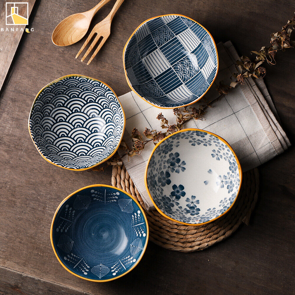 Gambar 4 PCS Ceramic Rice Bowl 5 Inch Blue and White Rice Bowl Home Creative Retro Dinner and Soup Bowl