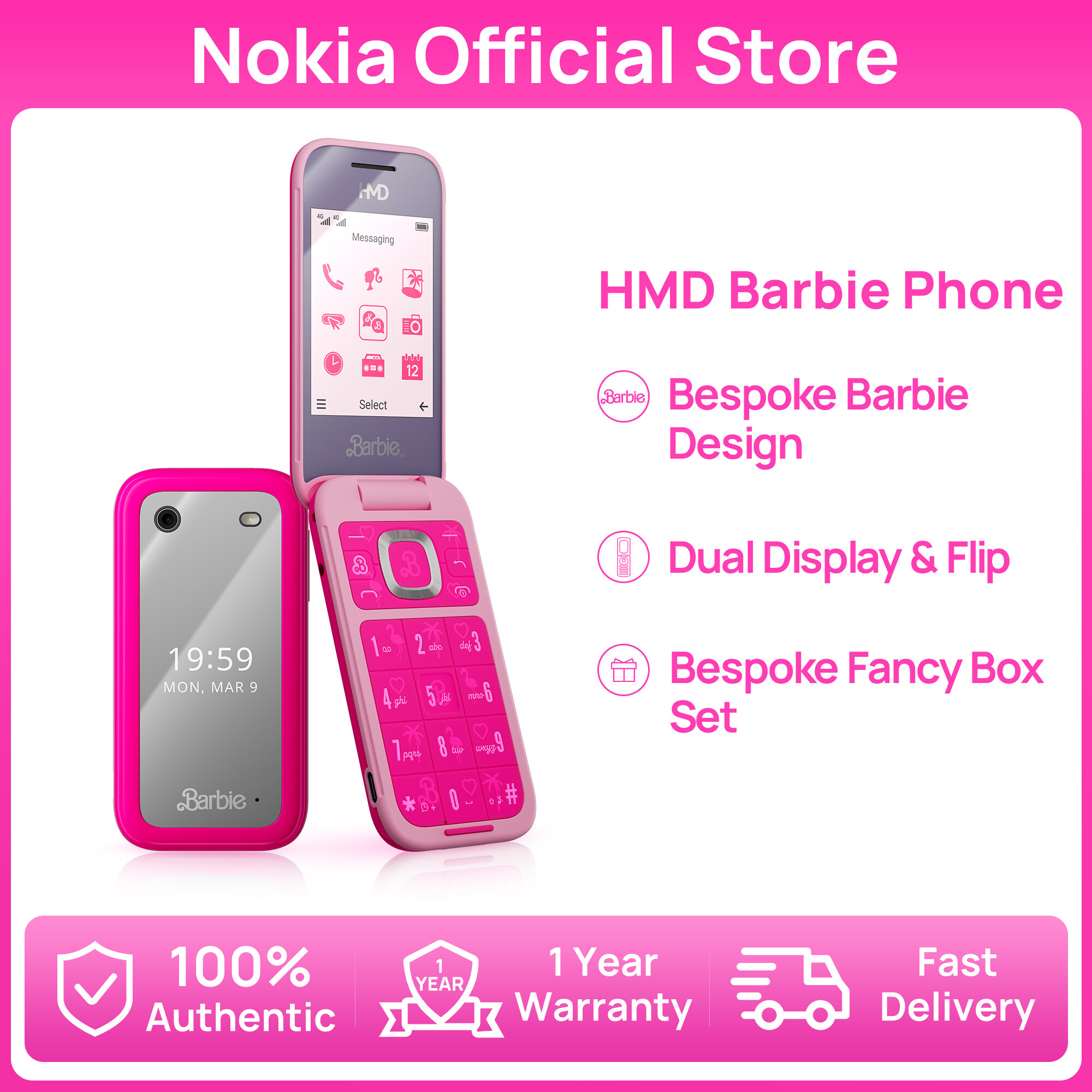 【Official Store】HMD Barbie 4G Flip Phone Fancy Pink Box Bespoke Barbie UI&Classic Snake Keypad Feature Phone 1 year warranty 100% Official Authentic makers of NOKIA Harga  269 Ringgit*Penghantaran Percuma
