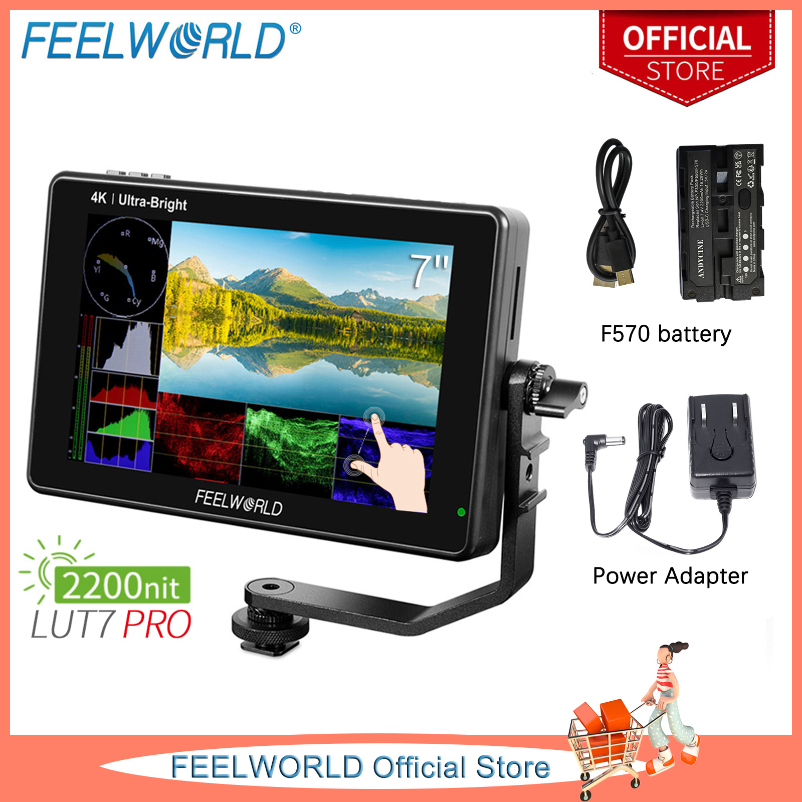 FEELWORLD LUT7 PRO 7 Inch Ultra Bright 2200nits DSLR Camera Field Monitor 3D LUT Touch Screen HDR with Waveform F970 External Power and Install Kit 4K HDMI Input Output 1920X1200 IPS Panel ราคา 8,718 บาท*ส่งฟรี