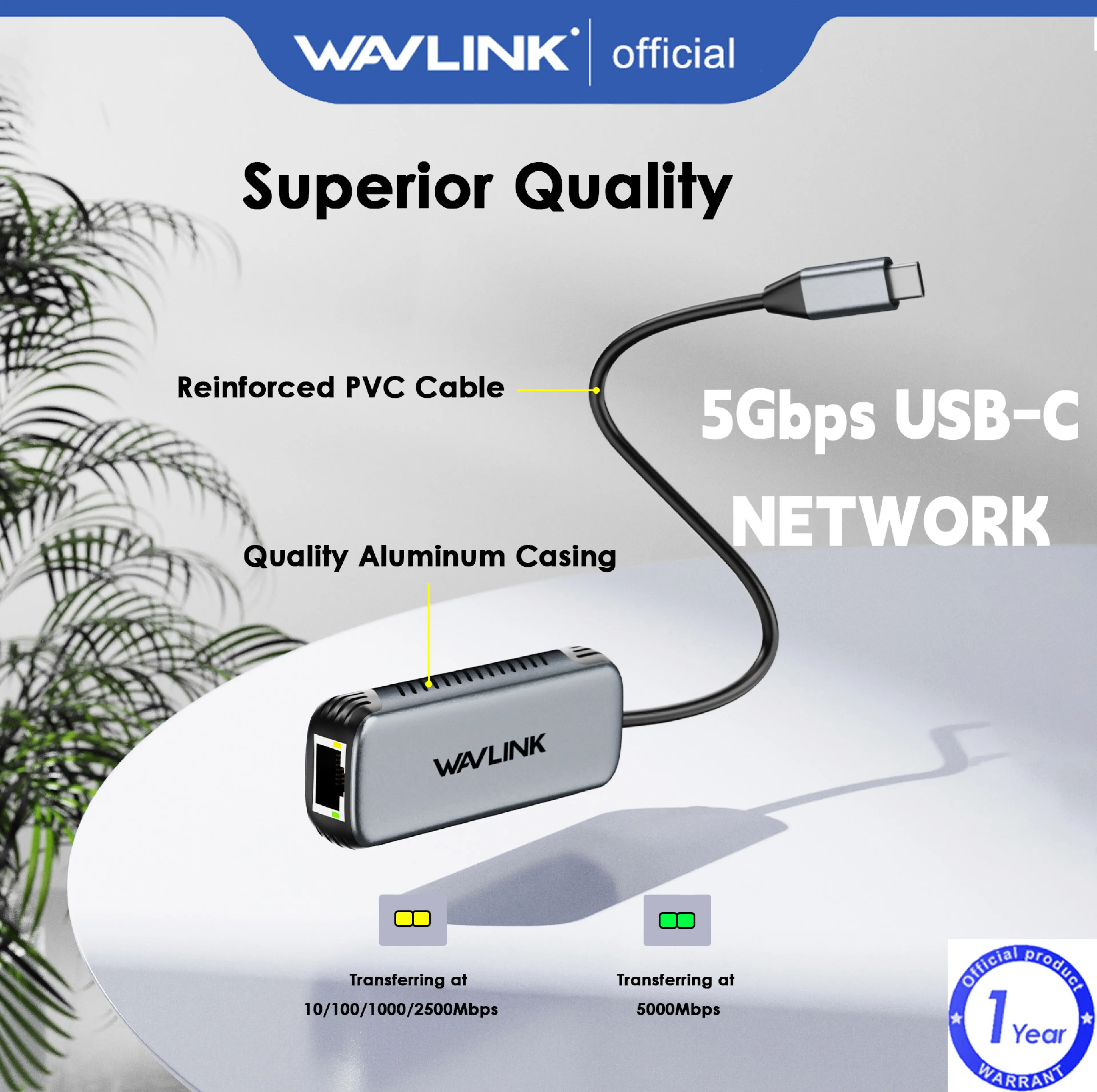 WAVLINK USB C to Ethernet Adapter 5Gbps, Driver-free RJ45 Gigabit Ethernet Network Adapter for Laptops, Computers and More, Grey Aluminum Case for Windows 10/11, Mac OS 11 or Later, Linux and More