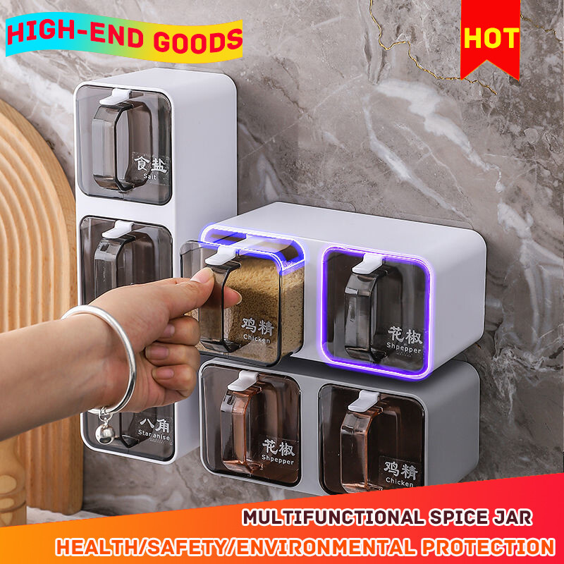 Gambar ?100% Quality Assurance? Wall mounted Seasoning Jar Combination Set With Salt And Monosodium Glutamate Seasoning Storage Box Plastic With Spoon