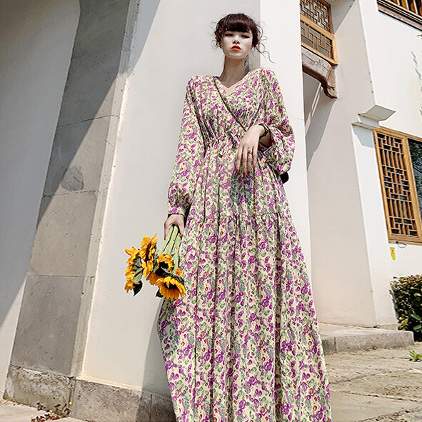 Maxi Dress Women Malaysia - Floral Print, Long Sleeve, Slimming, Elegant  Style | Lazada Malaysia