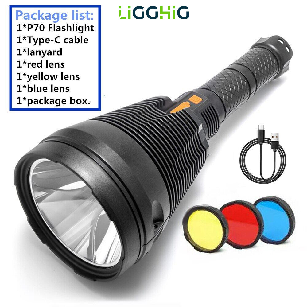【Còn Hàng】ligghig Đèn Pin Sạc USB P70 Công Suất Cao Chất Lượng Tốt Đèn Pin Tầm Xa Siêu Lớn Với Ống Kính Tầm Xa Màu Đỏ/Vàng/Xanh Dương Đèn Chiếu Sáng Mạnh Cầm Tay Đèn Pin