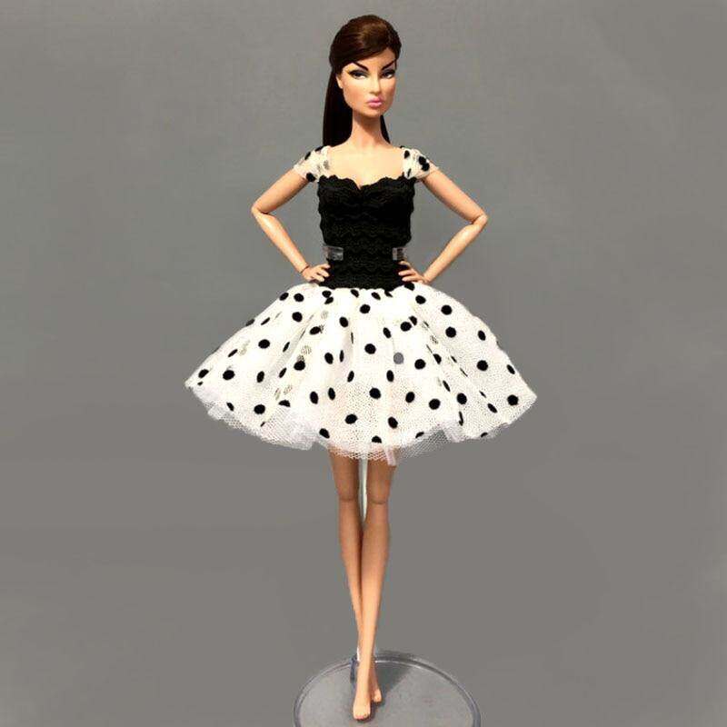 Đầm xòe chấm bi trắng đen đối với barbie, trang phục búp bê quần áo đầm dự tiệc quần áo cho búp bê barbie phụ kiện búp bê 1/6