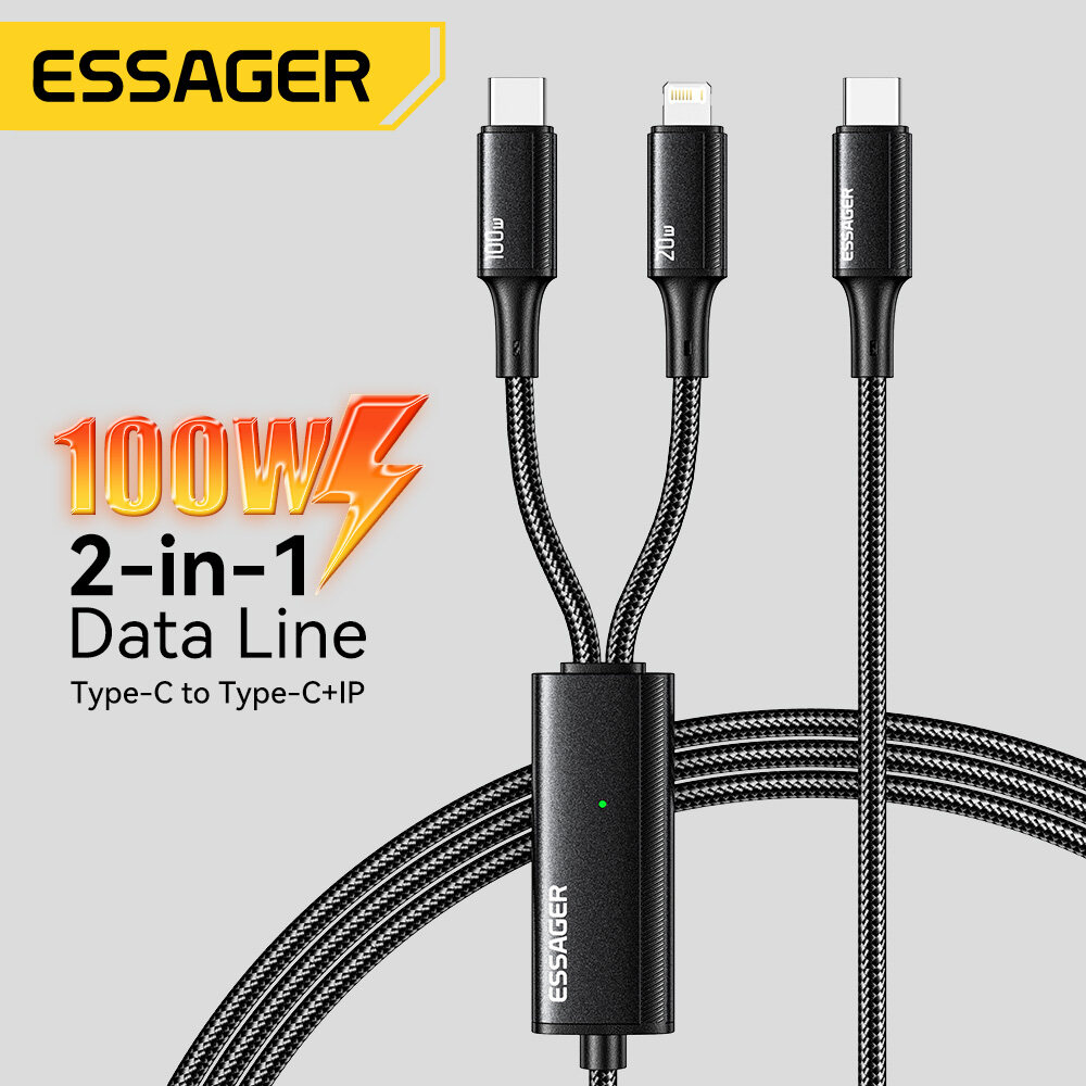 Essager 100W 2 Trong 1 Loại C cáp cho iPhone 14 13 12 Pd Loại-C Để Cáp Lightning Cho Xiaomi Samsung Huawei Oppo Vivo Nhanh Chóng Sạc USB-C cuộn dây