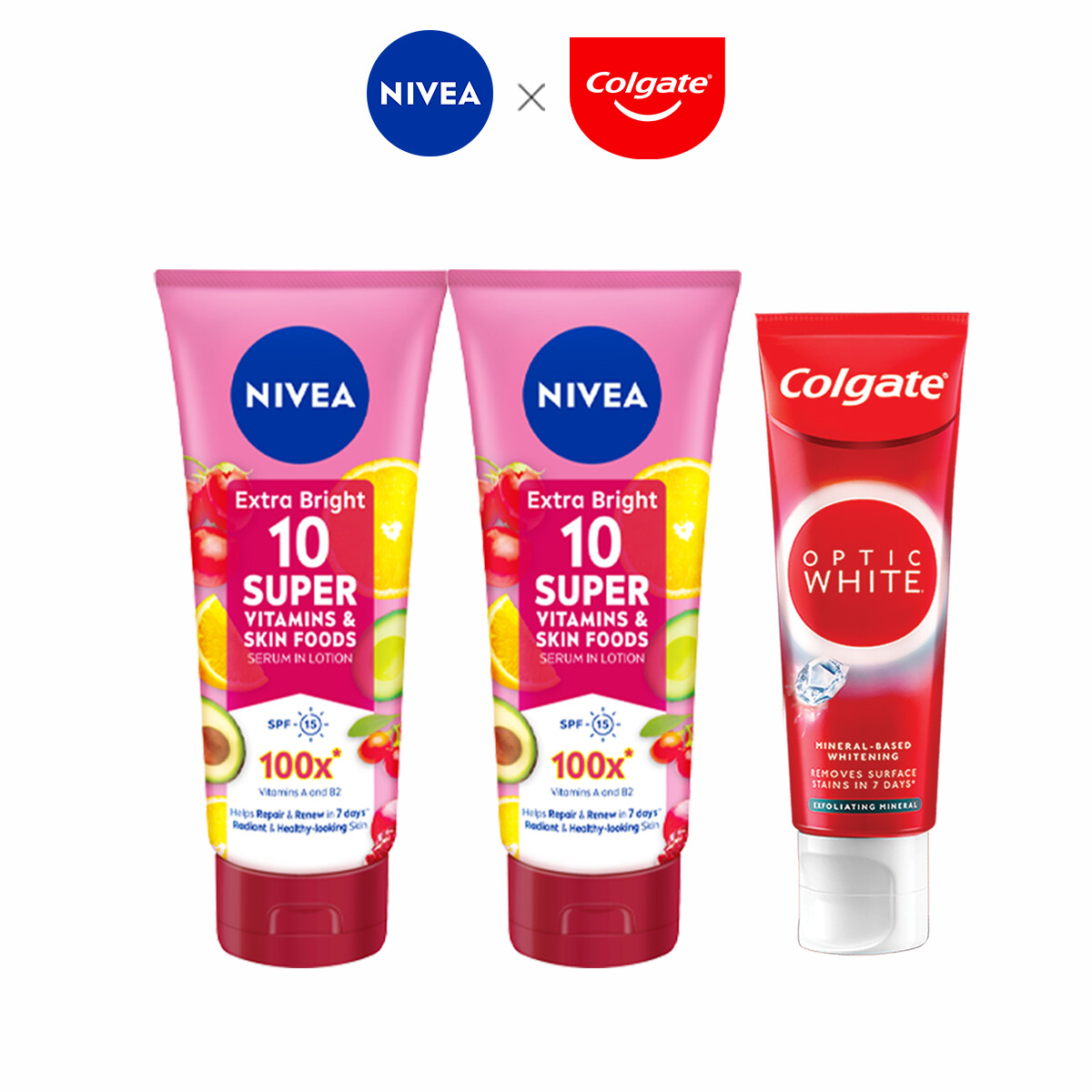 Gambar NIVEA Extra Bright 10 Super Vitamins   Skin Foods Serum Lotion 180ml x2 + Colgate Optic White Exfoliating Mineral 100g