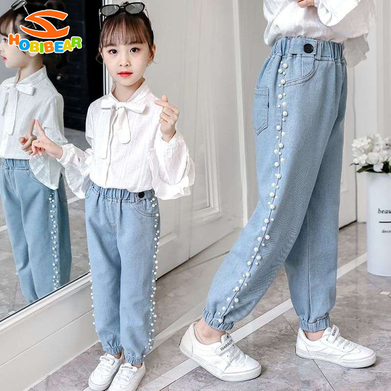 Hobibear quần jean bé gái quần bò công chúa đính ngọc trai thời trang quần thường ngày