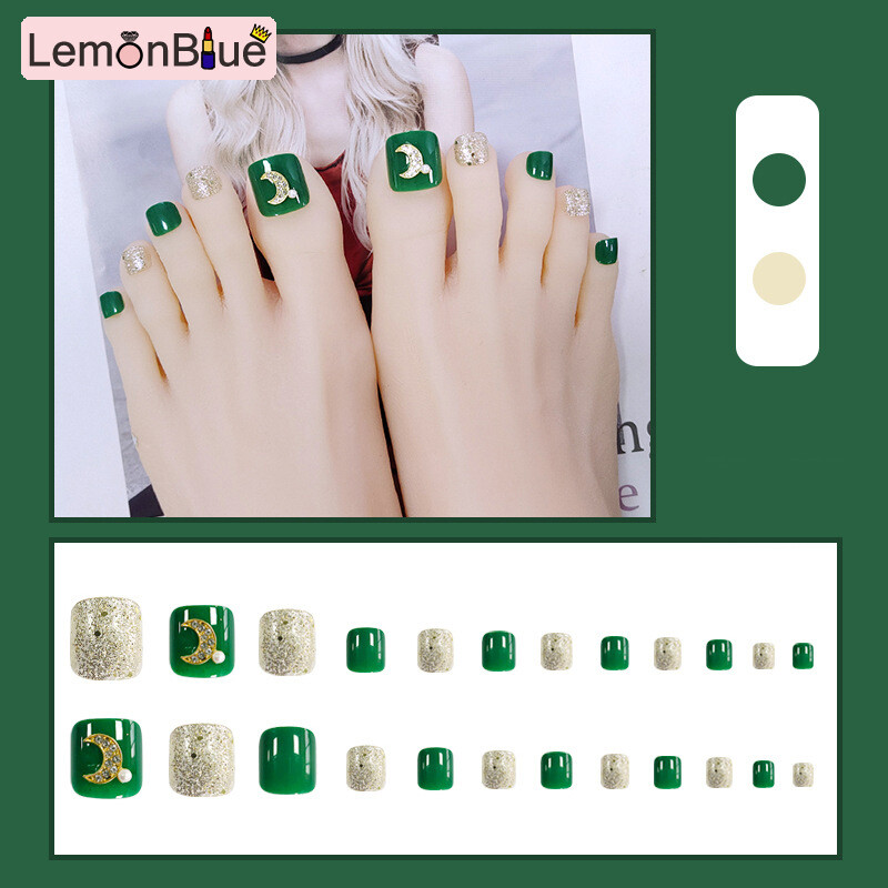 Gambar LemonBlue 24 PCS Square Fake Toenails with Moon Decor Adhesive Wearable Nails Extension for Toe Nail Artist Green   Slivery