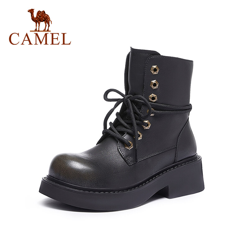 Cameljeans Giày nữ mới mùa đông Retro đế dày maillard xe máy bốt cổ thấp phụ nữ bốt Martin