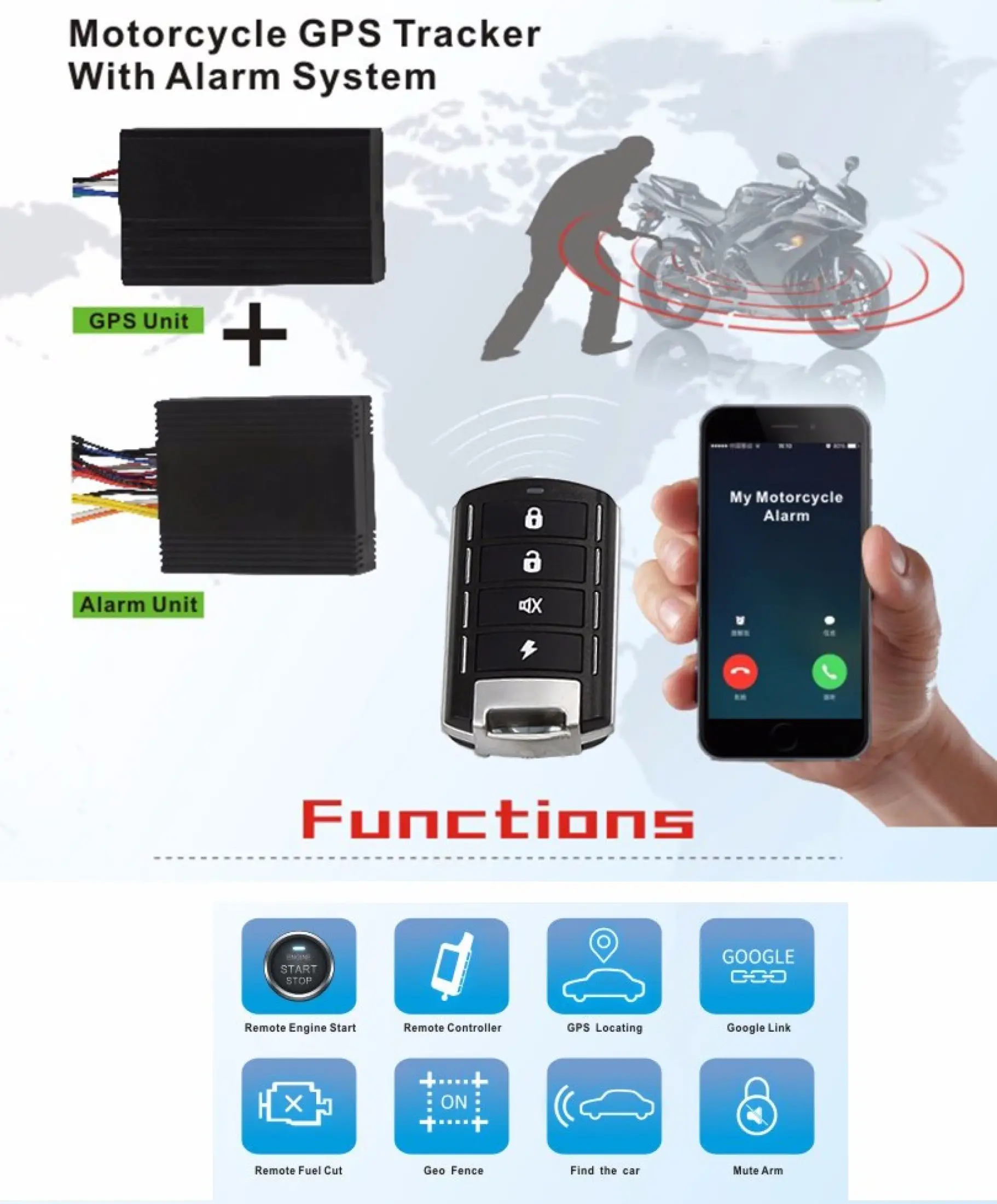 motorcycle gps tracker one way remote engine start motorcycle alarm with android and iphone app with 2 remote controller