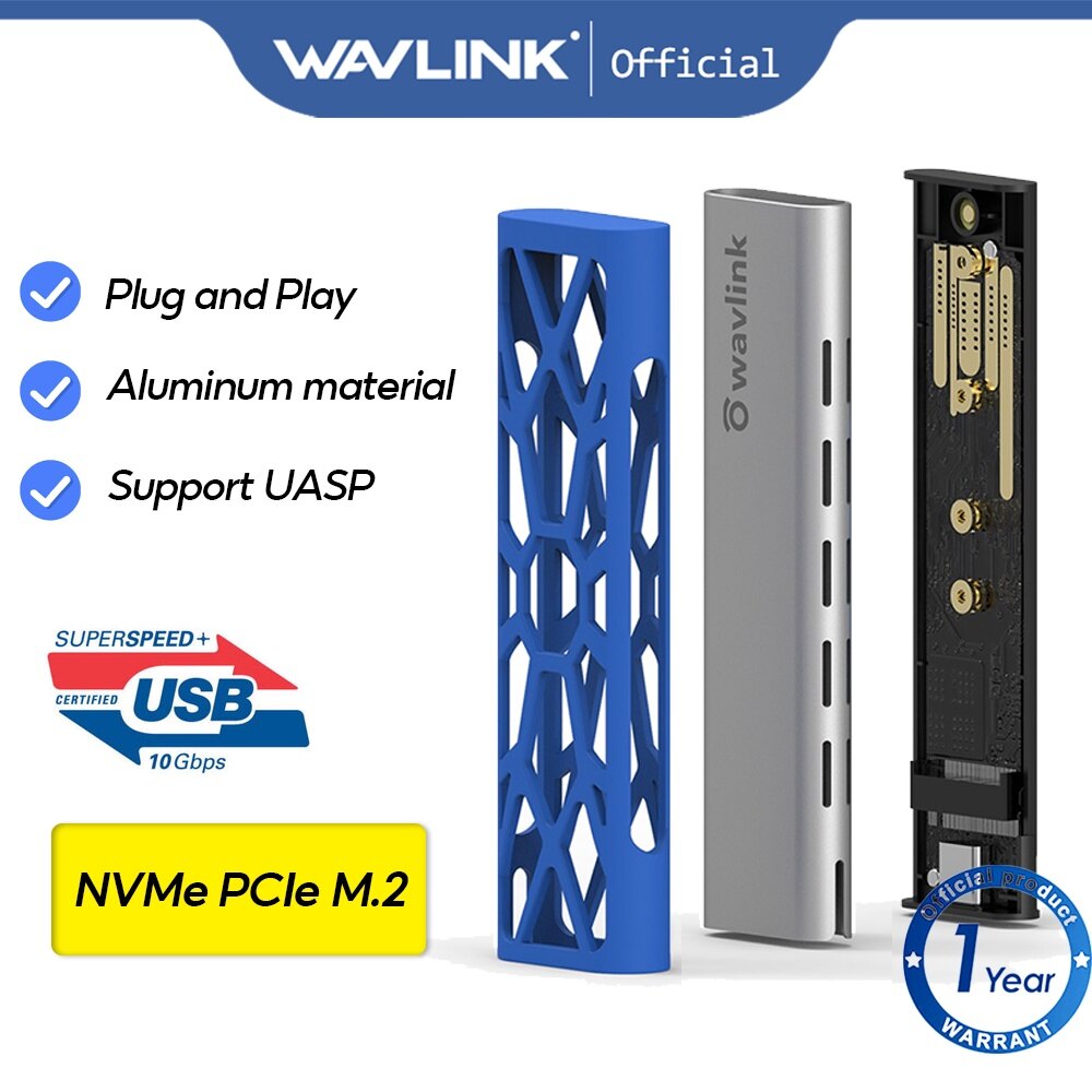Wavlink Aluminum M.2 NVMe SSD Harddriver Enclosure, USB 3.1 Gen 2 (10 Gbps) to NVMe PCI-E M.2 SSD Case Support UASP for NVMe SSD Size 2230/2242/2260/2280 (up to 2TB) with Type-C OTG converter,Silicone case and Pouch ราคา 531 บาท*ส่งฟรี