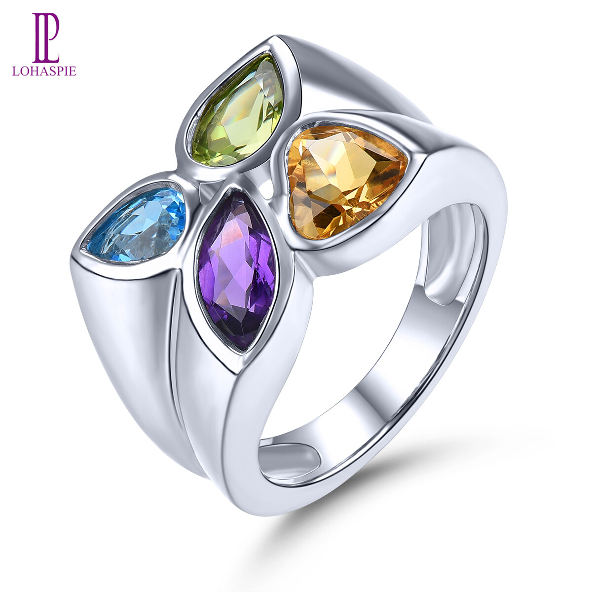 Lohaspie jewelry nhẫn bạc 3.2 carat nguyên bản 925 cho nữ nhẫn đá topaz nhiên nhẫn đá quý nhiều màu nhẫn đá quý topaz nhẫn trang sức