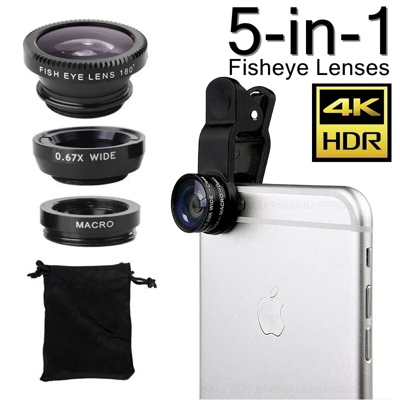 5 trong 1 Fisheye Ống Kính Điện thoại 0.67x Góc rộng Zoom ống kính mắt cá ống kính macro Máy Ảnh Bộ dụng cụ với kẹp ống kính Bộ dụng cụ trên điện thoại cho điện thoại thông minh