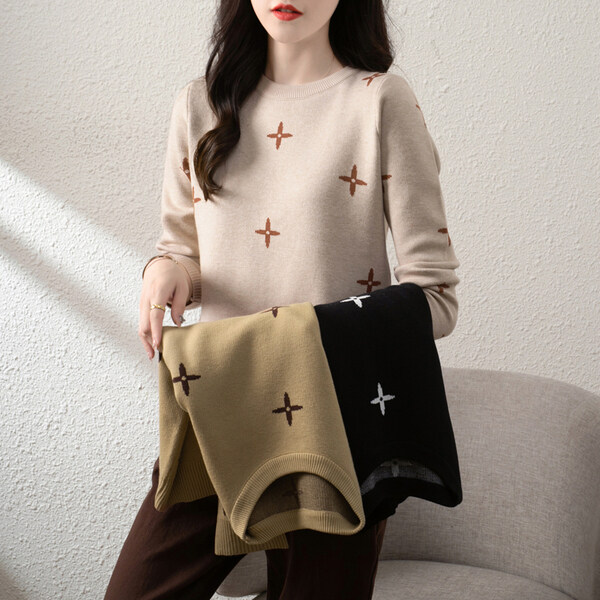 LUCKIN STORE Women Tops Round Neck Sweater Fashion Long Sleeve Loose Versatile Ladies Knit Shirt Pull Over Thick Jacquard Knit Blouse Plus Size Top