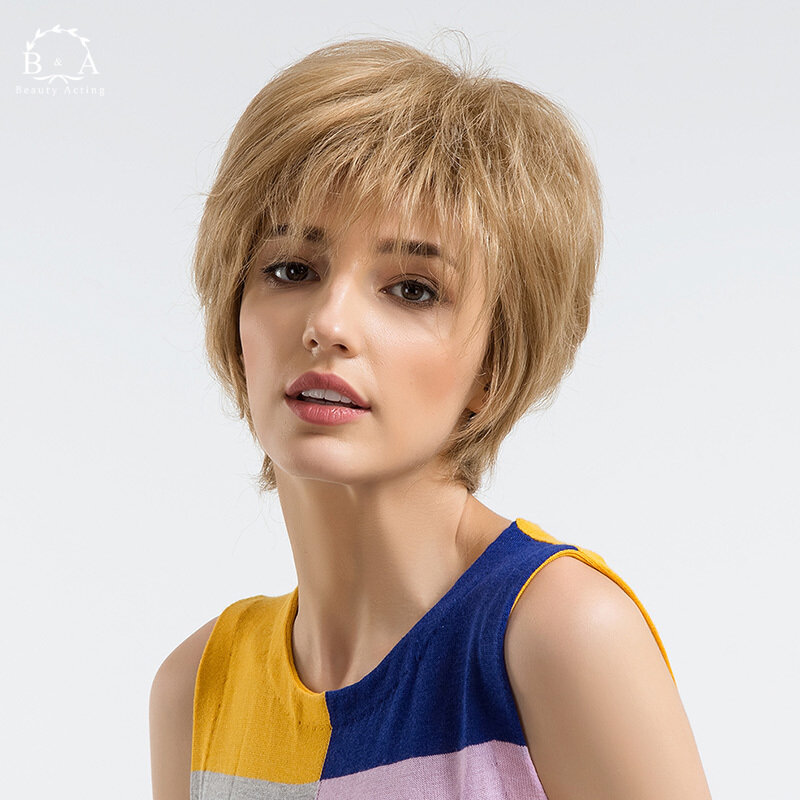 Gambar Women Blonde Short Wig Synthetic Fiber Hair Heat Resistant Wig Wig Natural Beautiful Breathable Women Lady Synthetic Fiber Heat Resistant Soft Smooth