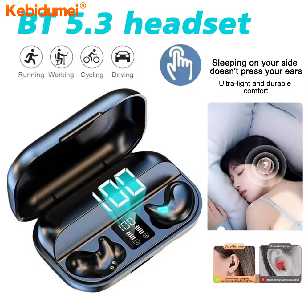Kebidumei Invisible Sleep Wireless Earphone TWS Bluetooth 5.3 Headphones Hidden Earbuds IPX5 Waterproof Noise Reduction Sports Headset