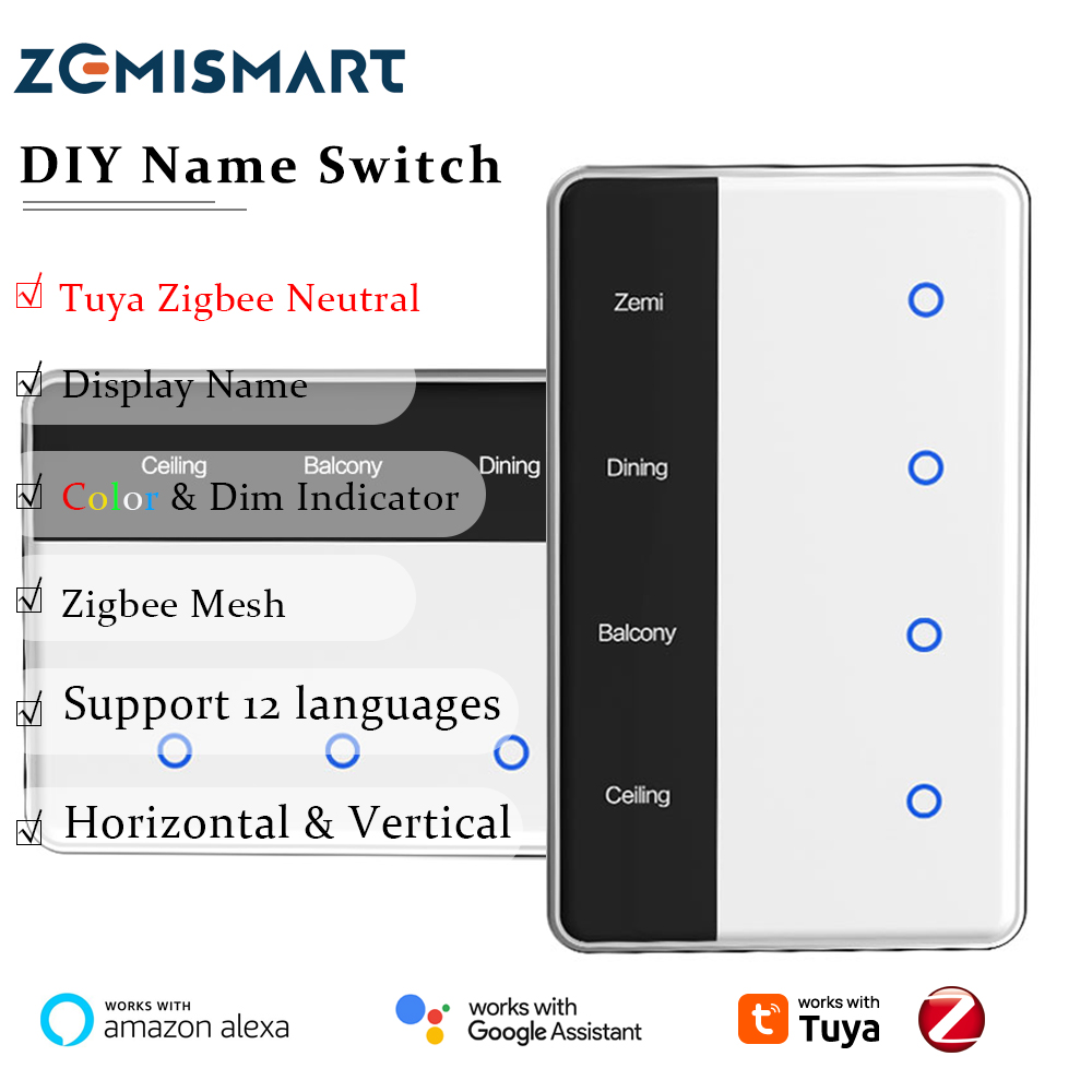 Zemismart Display Name Light Switch,Zigbee MESH Touch Botton Screen Neutral Light Switch,4Gang witch Zigbee IR use for AC,TV,Works with Tuya, Alexa,Google Home for Voice/Timer Control.Horizontal and vertical US 1/2/3/4 Gang.Tuya Zigbee Hub Required ราคา 994 บาท*ส่งฟรี