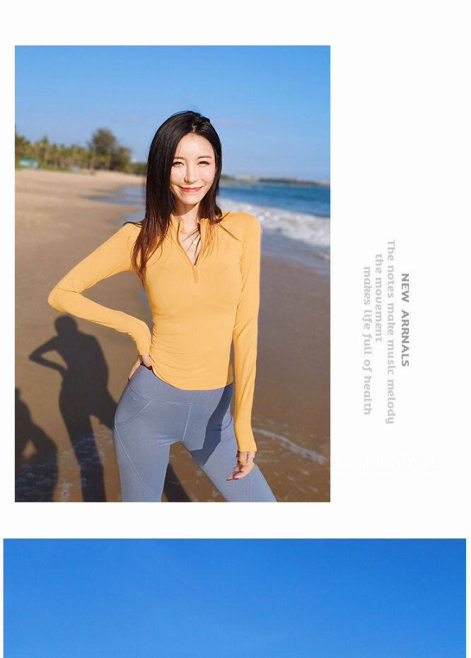 SUPERFLOWER Frauen Sport Shirts Einfarbig Reißverschluss Hohe Elastische Gym Yoga Top Atmungsaktive Langarm Sexy T-Shirts_voghion.com