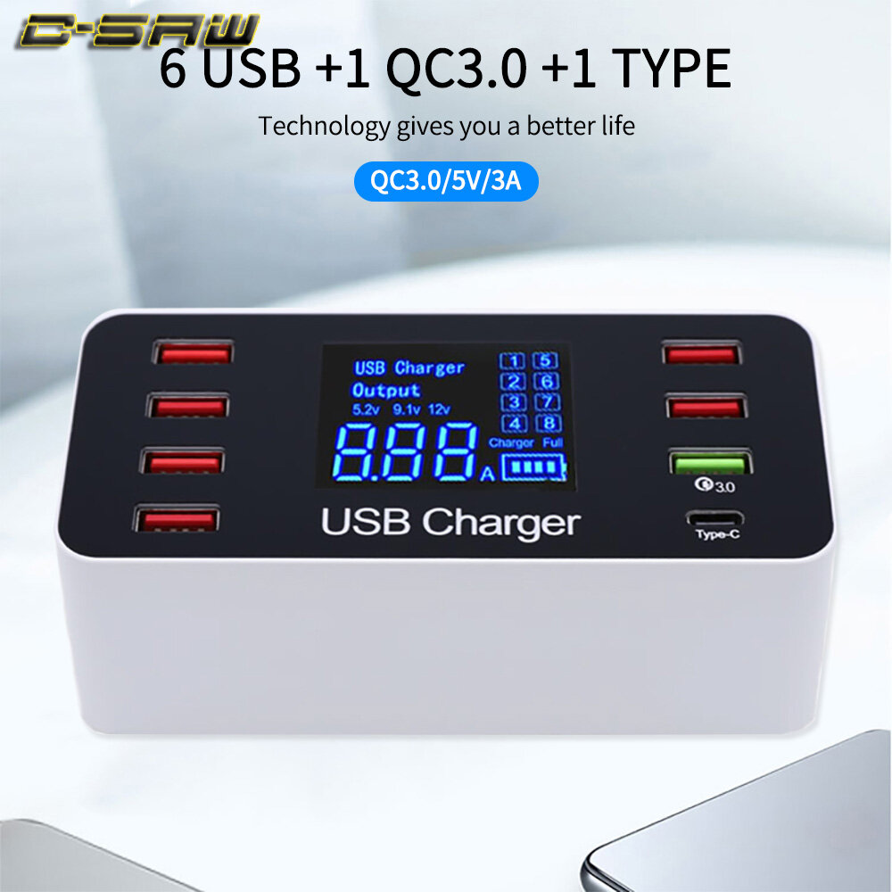 Trạm sạc usb c-saw bộ sạc nhanh 3.0 màn hình kỹ thuật số led thông minh 40w 8 cổng đa cổng usb type c pd trạm sạc nhanh hub