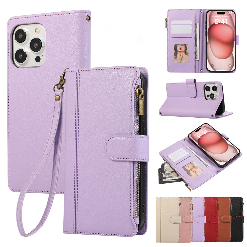 Case for Samsung Galaxy S25 S24 S23 Plus Ultra FE Edge Zipper Wallet Luxury Embossed Leather Card Slots Flip Phone Cover with Wrist Strap