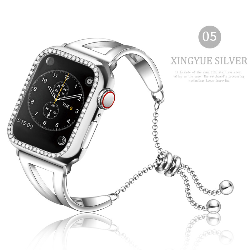 BassPal Tali Jam Tangan Wanita, Kompatibel untuk Apple Watch 38Mm 42Mm 40Mm  44Mm Tali Stainless Steel Mode Gelang Logam dan Lengan Pelindung dengan Bor  Kompatibel untuk I Watch Seri 741MM 45MM 6