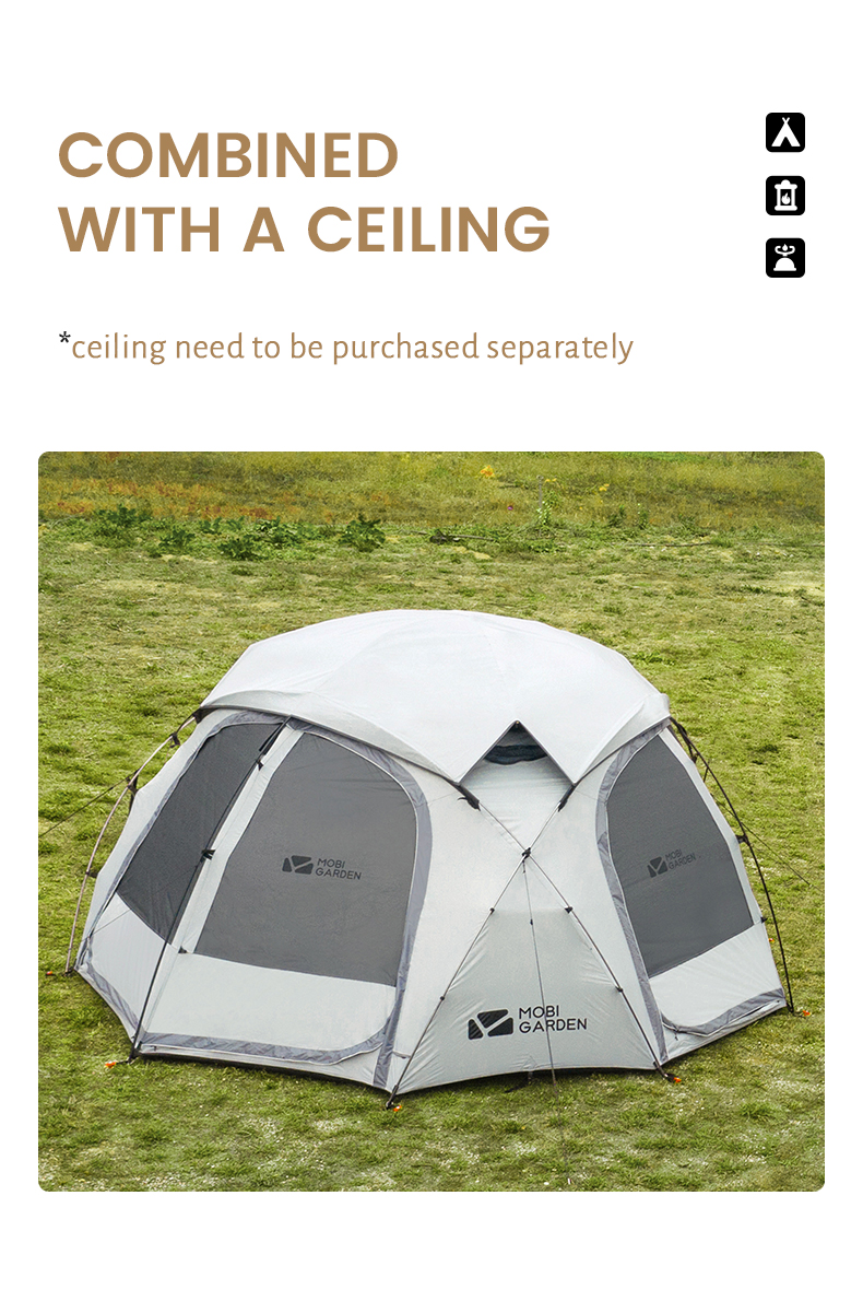 MOBI GARDEN Buitencamping Familietent Royal Castle voor glamping, zonnebrandcrème voor grote ruimtes