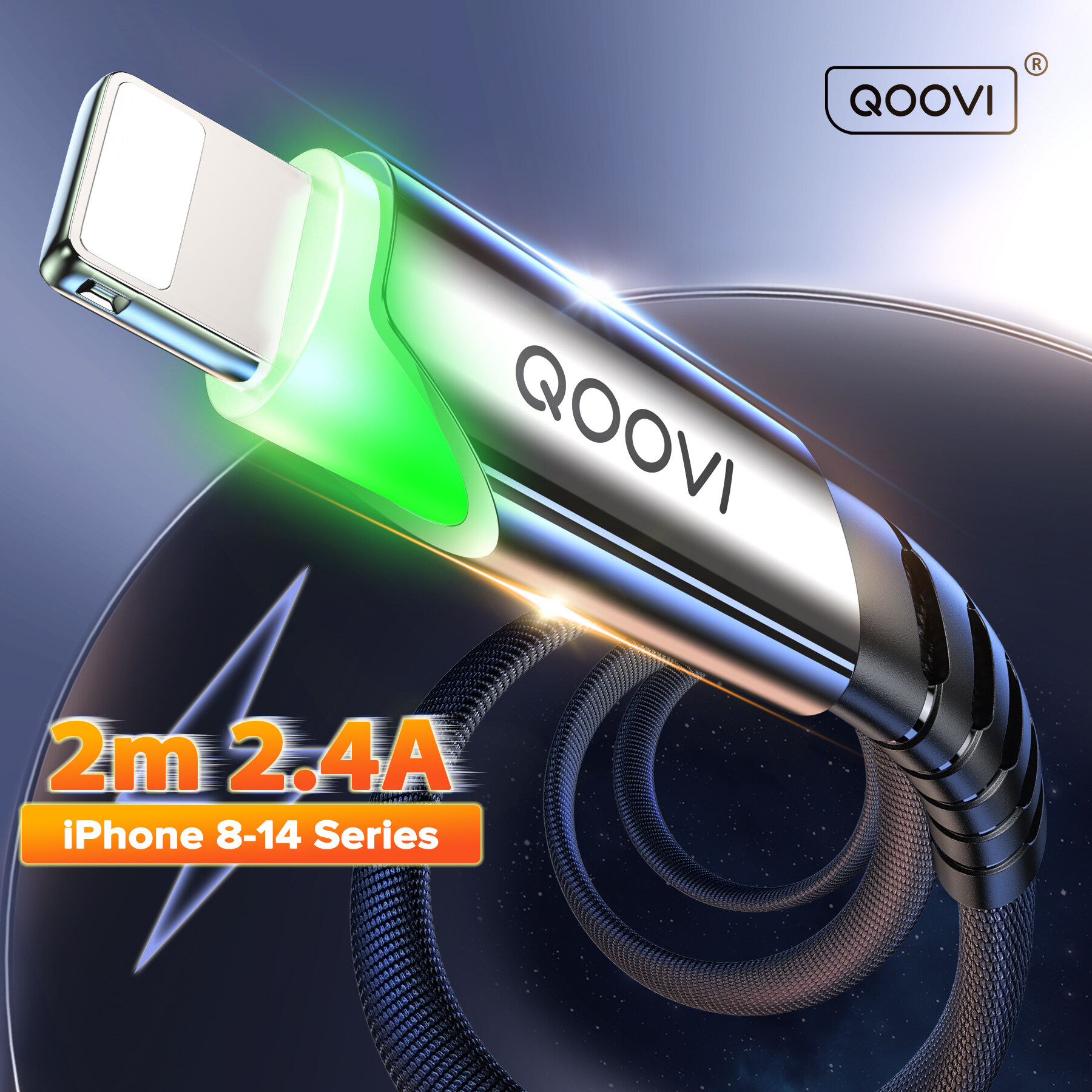 【2m Chiều dài QOOVI 2.4A Cáp sạc iPhone Với đèn LED USB to Lightning Dây dữ liệu Sạc nhanh cho iPhone 14 Pro Max 13 12 11 Xs Xr X SE 8 7 6 Plus 6s iPad Air Mini Cáp sạc gốc