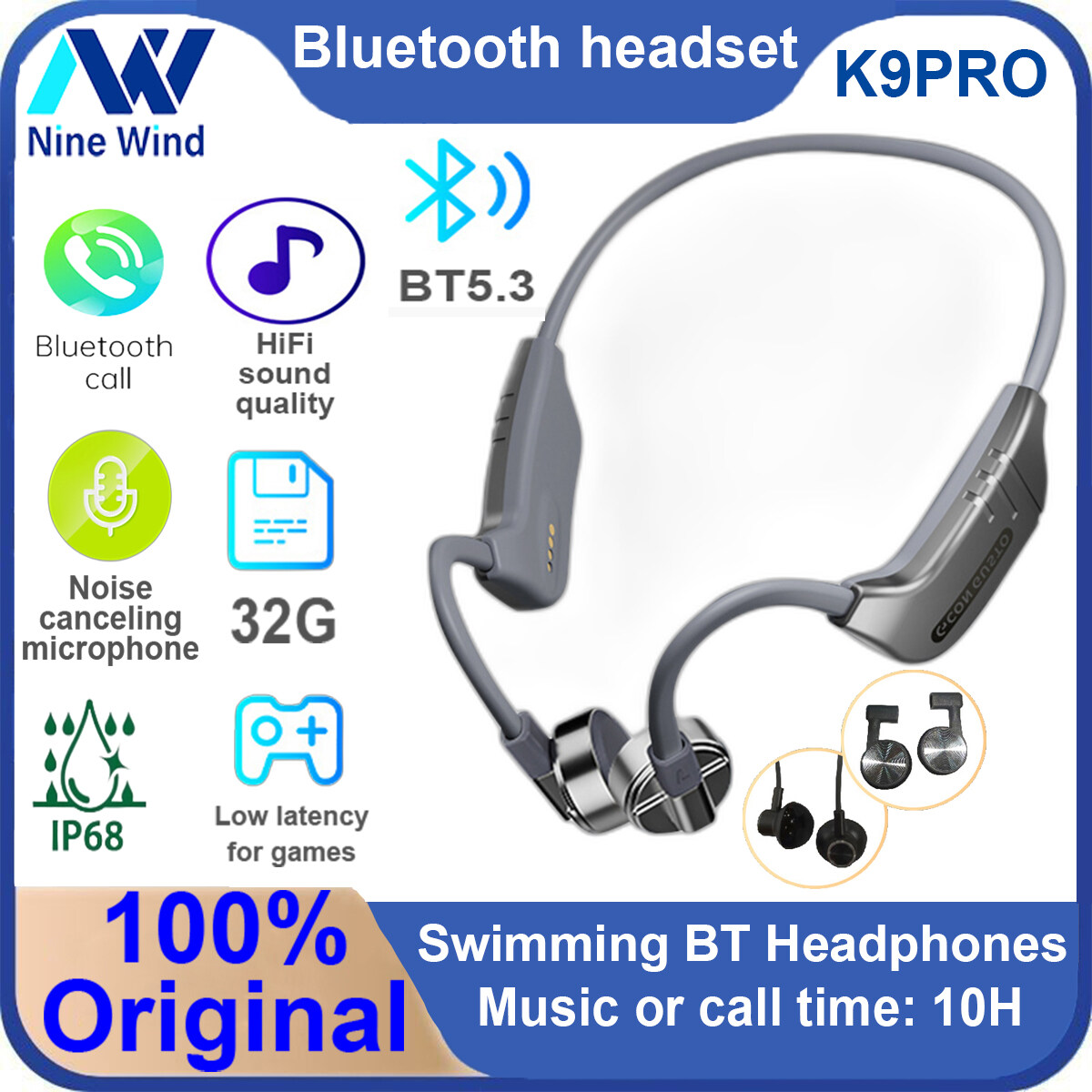 NineWind  New K9/k9pro 3-in-1 dẫn truyền âm thanh qua xương Bluetooth bơi Tai nghe có một độ bền siêu dài, không earing không khí dẫn cổ móc tai nghe bộ tai nghe thể thao với 32 gam Bộ nhớ