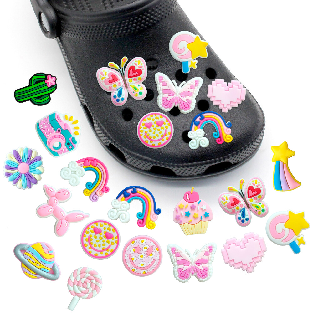 1PCS Pink Girlish Fresh Style Cartoon Smile Face Butterfly DIY Candy Shoe Charms PVC Rainbow Accessories Decorate Girls Kids Birthday Lovely Gifts