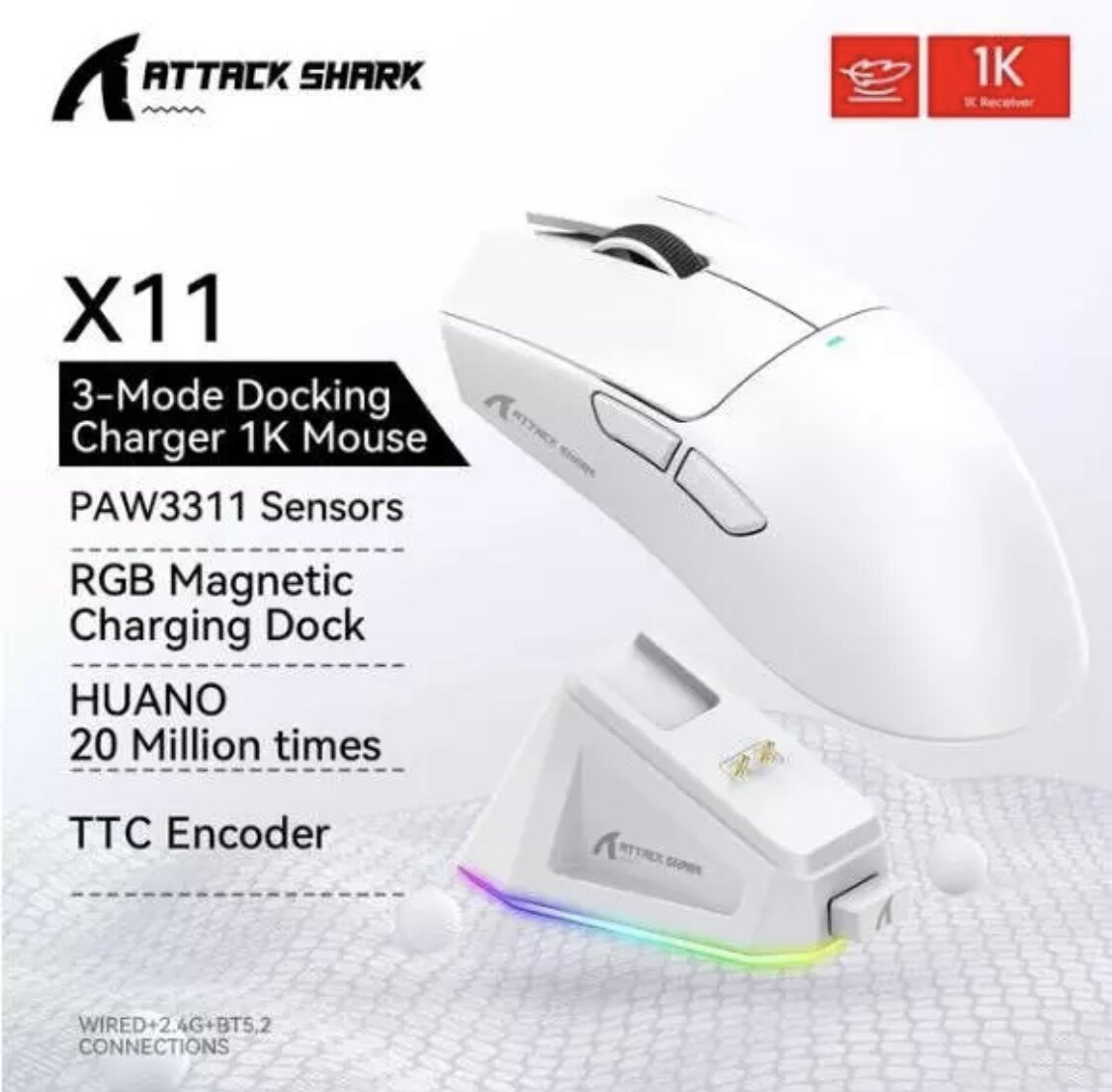 Attack Shark X11 Wireless Mouse Paw3311 22000DPI Buletooth Three Mode Rgb Charging Dock Lightweight 