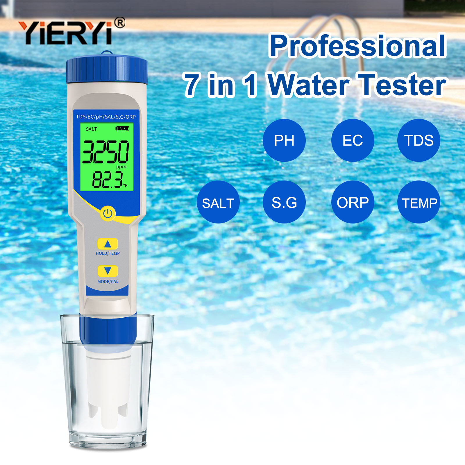 Máy kiểm tra Muối hồ bơi yieryi, đồng hồ đo đồng hồ đo độ PH & muối cho hồ bơi, Máy kiểm tra độ mặn kỹ thuật số 7 trong 1 ORP TDS EC cho hồ bơi nước mặn, hồ cá, bồn tắm nước nóng hồ bơi Natri clorua