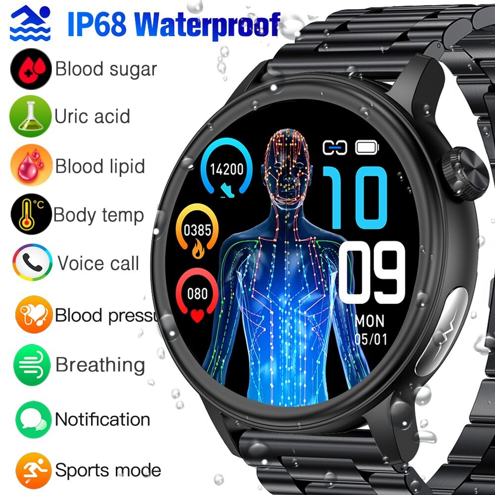 Không xâm lấn đường huyết lipid axit uric Đồng hồ thông minh ECG nhiệt độ cơ thể huyết giám sát áp suất smartwatch cho Nam Nữ cuộc gọi Bluetooth Vòng đeo tay không thấm nước VS et485 et580 et310 e800
