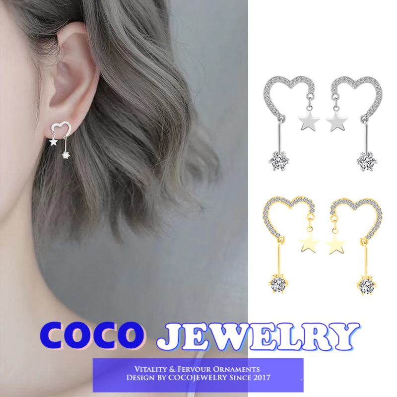 COCOJEWELRY Bông Tai Kim Bạc S925 Cho Nữ Bông Tai Đính Kim Cương Giả Ngôi Sao Thời Trang Hàn Quốc Phụ Kiện Trang Sức Tình Yêu Tua Rua Ngọt Ngào
