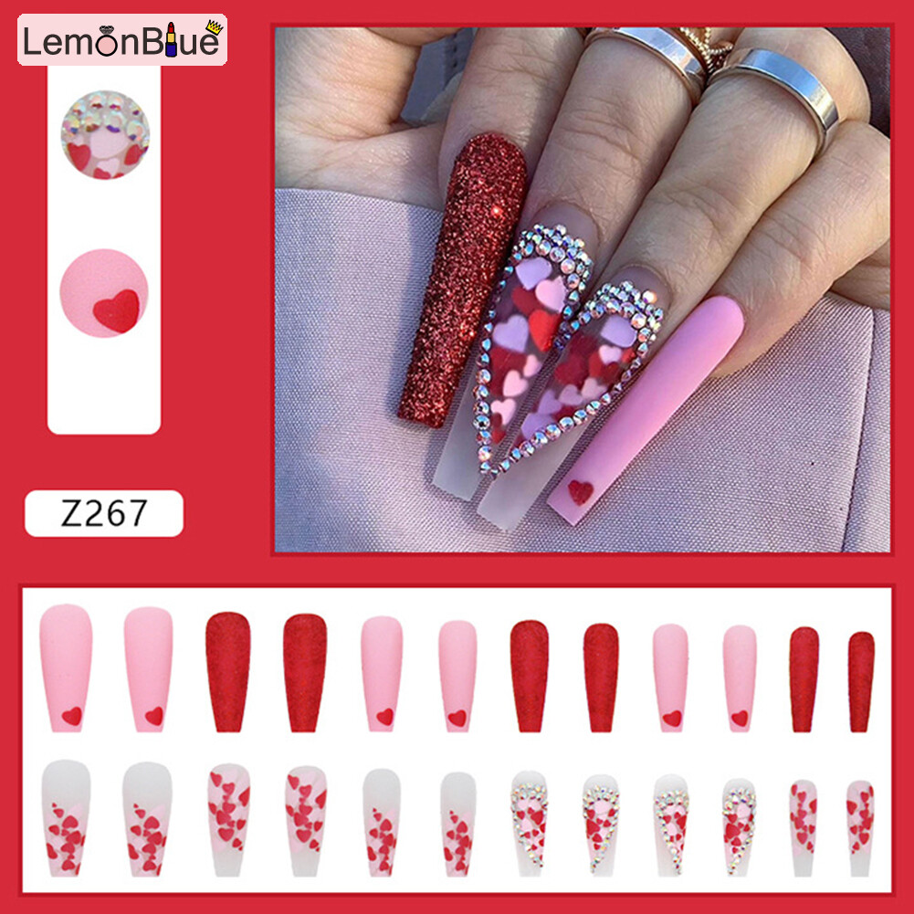 Gambar 24PCS Super Long Press on Nails Cute Love Heart Full Coverage Artificial Nails Manicure Salon DIY Art Fake Nails Removable Save Time Jelly Gel Glue Type