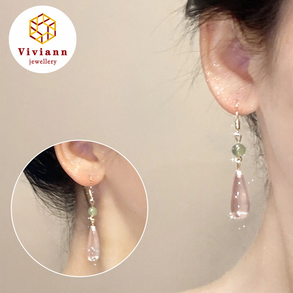 Viviann Original Design Pink Water Drop Earrings Grape Stone Powder