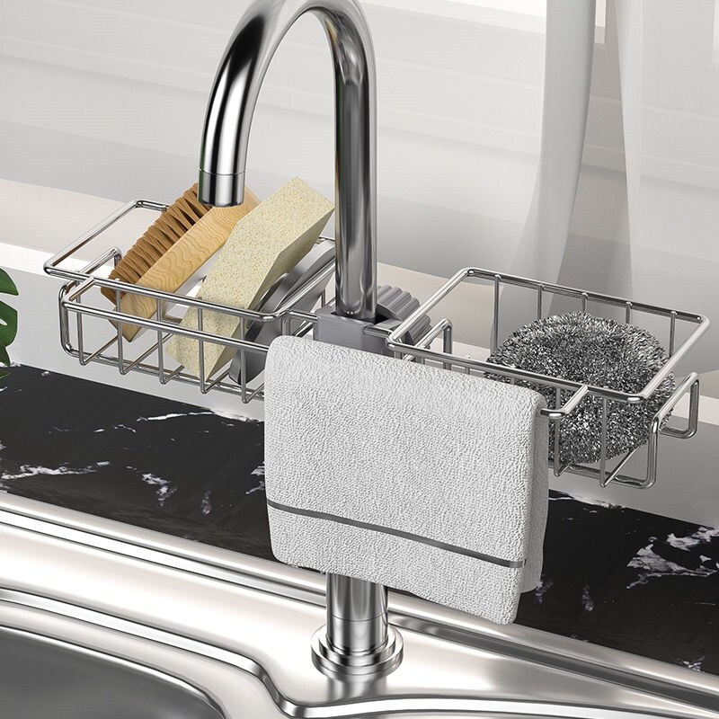 Gambar Kitchen supplies sink rack stainless steel drain rack faucet wash basin rag rack storage artifact