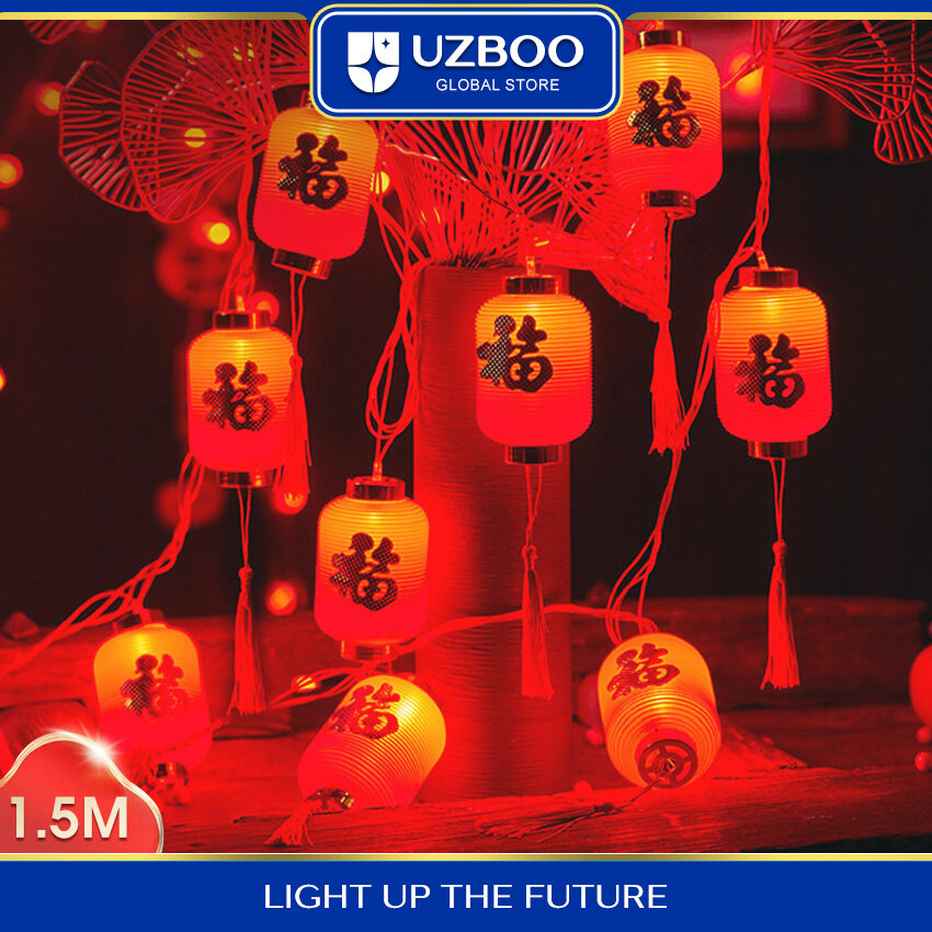 Uzboo CNY trang trí 2024 1.5m/3M Lễ Hội Mùa Xuân đèn lồng chuỗi lễ kỷ niệm đèn lồng đỏ không khí lễ hội trang trí rèm dây đèn màu đỏ Trung Quốc đèn lồng đỏ trang trí năm mới đèn lồng đèn lồng treo