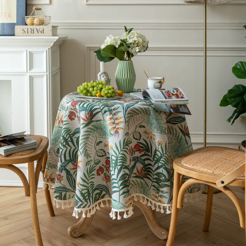 Gambar Nordic Retro Round Tablecloth Green Plant Tassel Cotton Linen Tablecloth Placemat Tabletop Decoration Photo Props Dustproof Table Cover Table Picnic Cloth Home Decoration