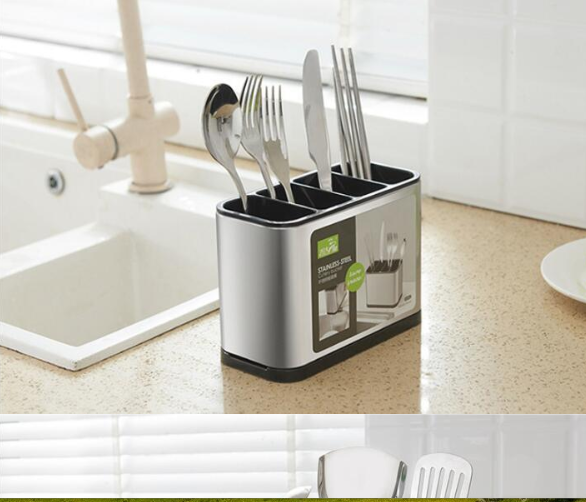 Gambar ?Fast delivery?1PC Stainless Steel Spoon Fork Storage Rack Wall mounted Kitchen Utensils Drain Holder Shelf Chopsticks Cage Container rak pinggan