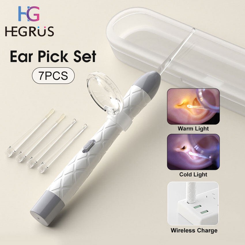 HEGRUS Ear Pick Luminous Ear Tweezer Rechargeable LED Ear Spoon Ear Wax Removal Ear Cleaner Safe Ear Pick Ear Cleaning Tool with 2 Magnifier 4 Ear Spoon Heads for Baby Adult ราคา 91 บาท*ส่งฟรี