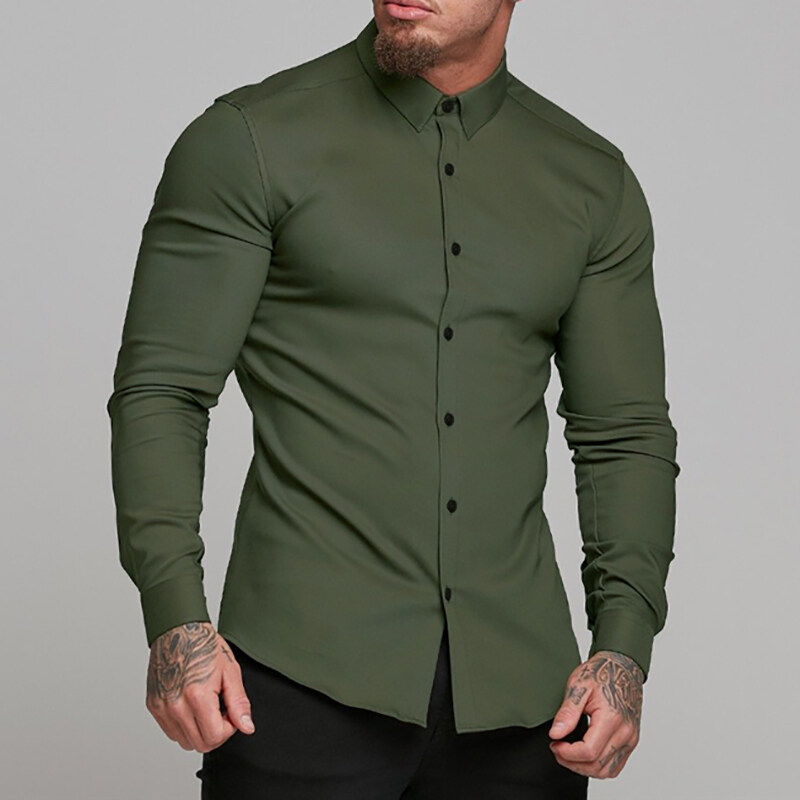 New Arrivals Autumn Man Long Sleeve Shirt Solid Fitness Mens Stand Collar Super Slim Fit Business Dress Shirt Button Gym Tops
